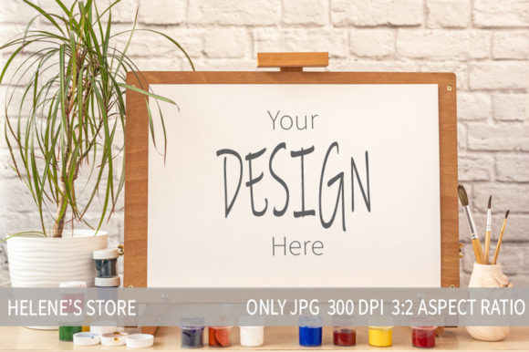 Easel Mockup with Paints and Brushes